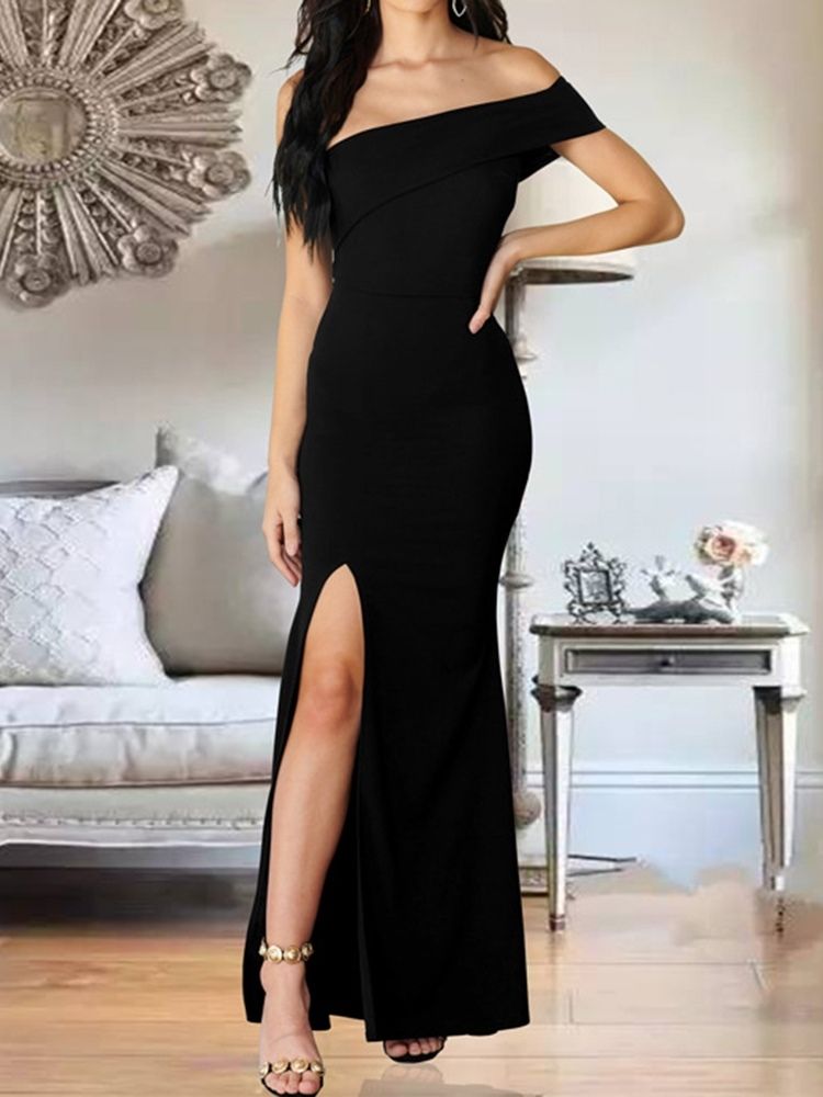 Oblique Collar Split Kortärmad Sommar Bodycon Klänning