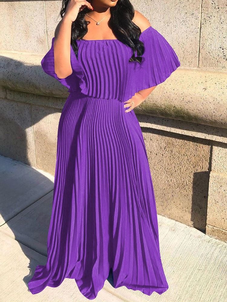 Off Shoulder Golvlång Plisserad Vanlig Blå Klänning