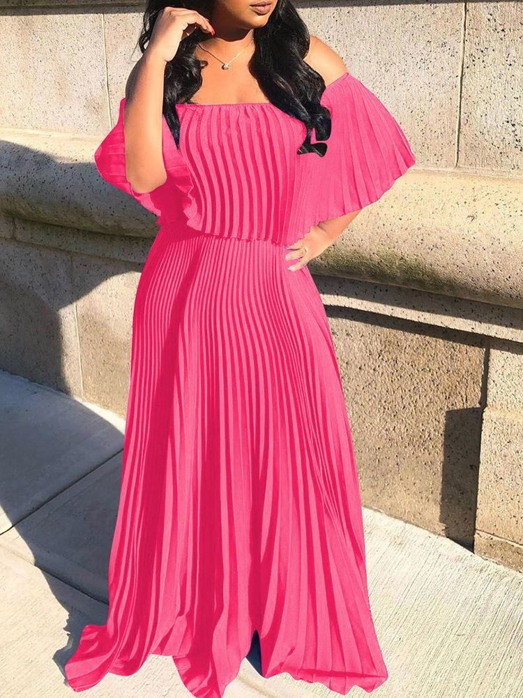 Off Shoulder Golvlång Plisserad Vanlig Blå Klänning