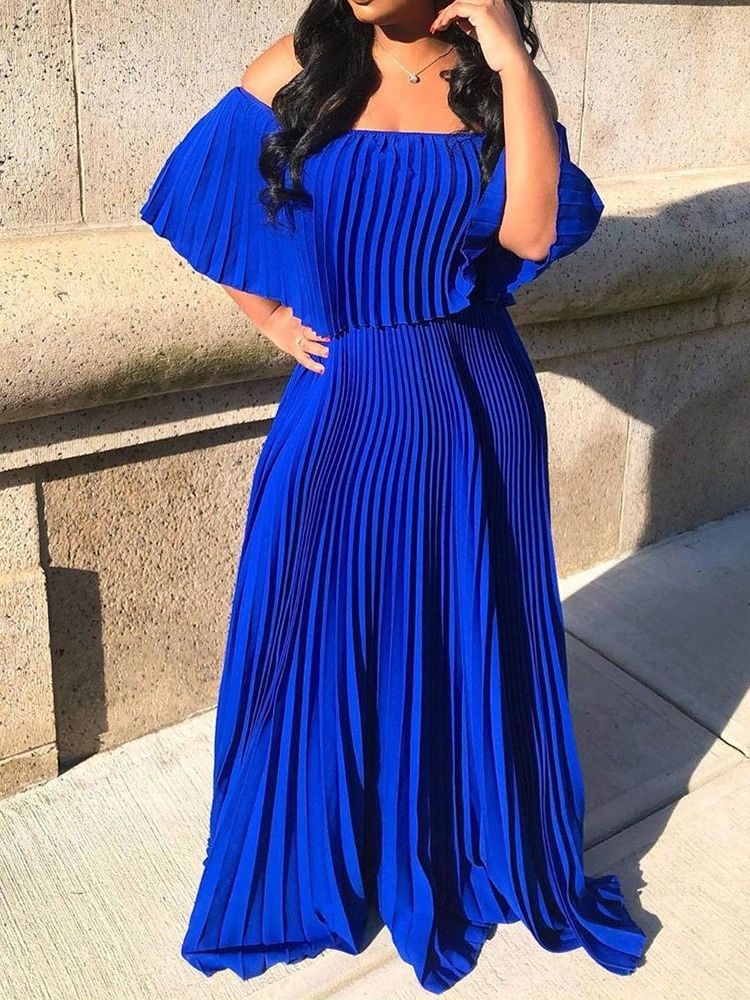 Off Shoulder Golvlång Plisserad Vanlig Blå Klänning