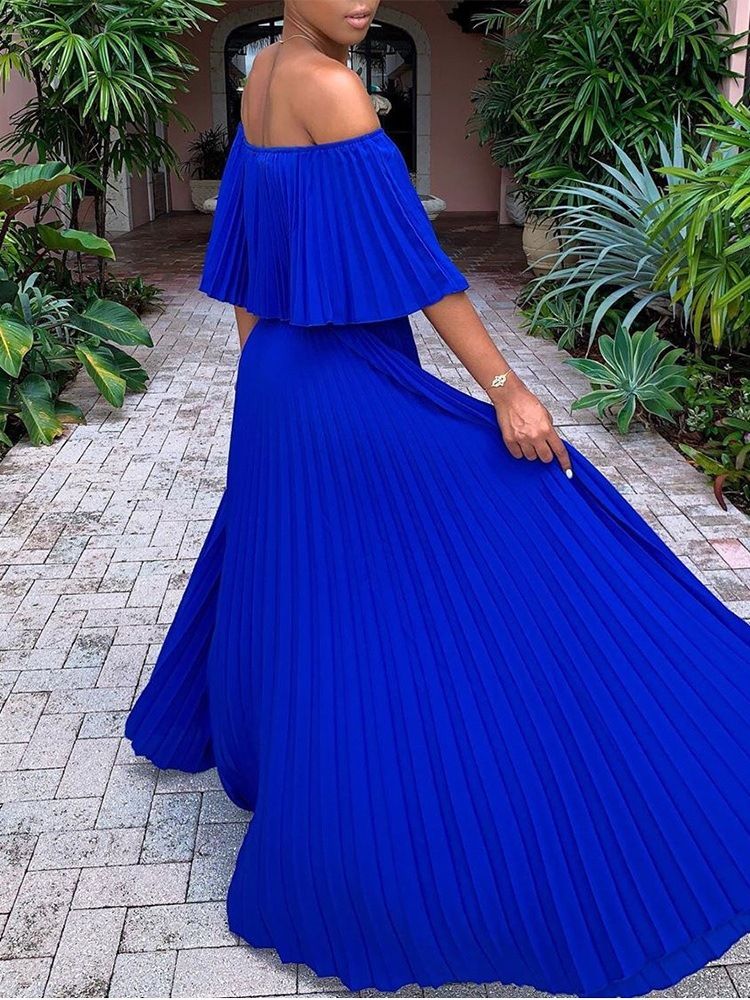 Off Shoulder Golvlång Plisserad Vanlig Blå Klänning