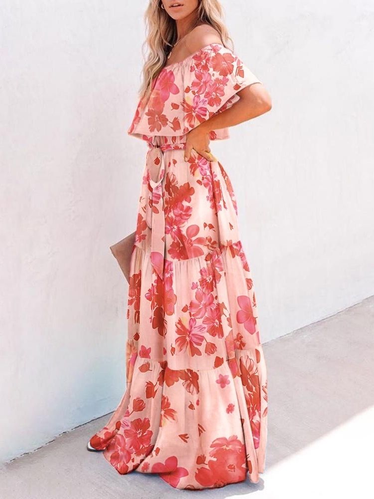 Off Shoulder Golvlångt Tryck Tröja Expansion Klänning