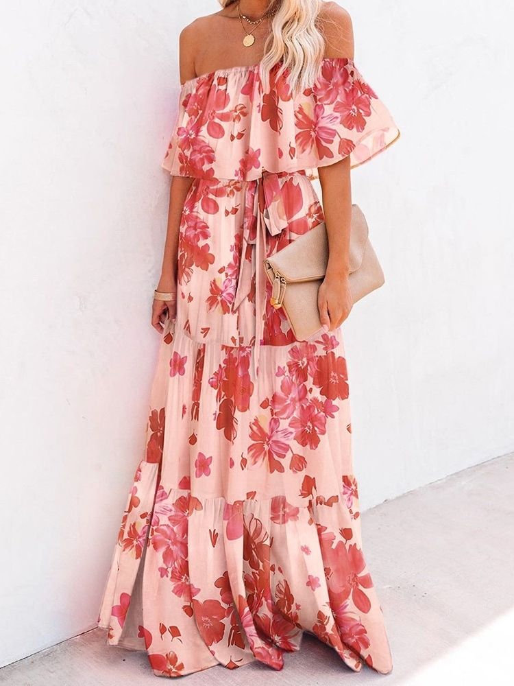 Off Shoulder Golvlångt Tryck Tröja Expansion Klänning