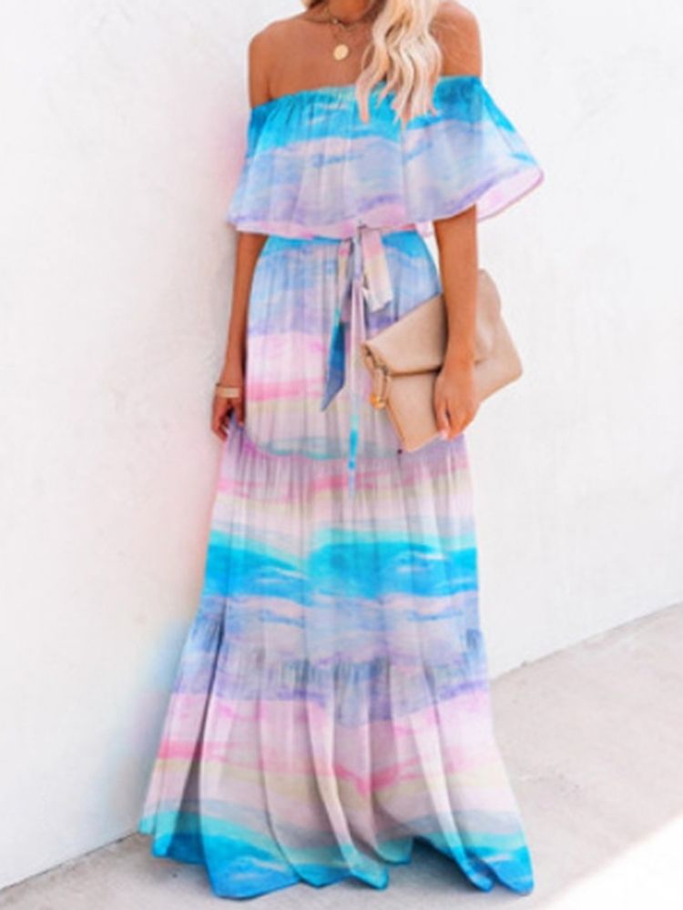 Off Shoulder Golvlångt Tryck Tröja Expansion Klänning