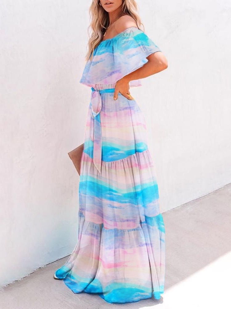 Off Shoulder Golvlångt Tryck Tröja Expansion Klänning