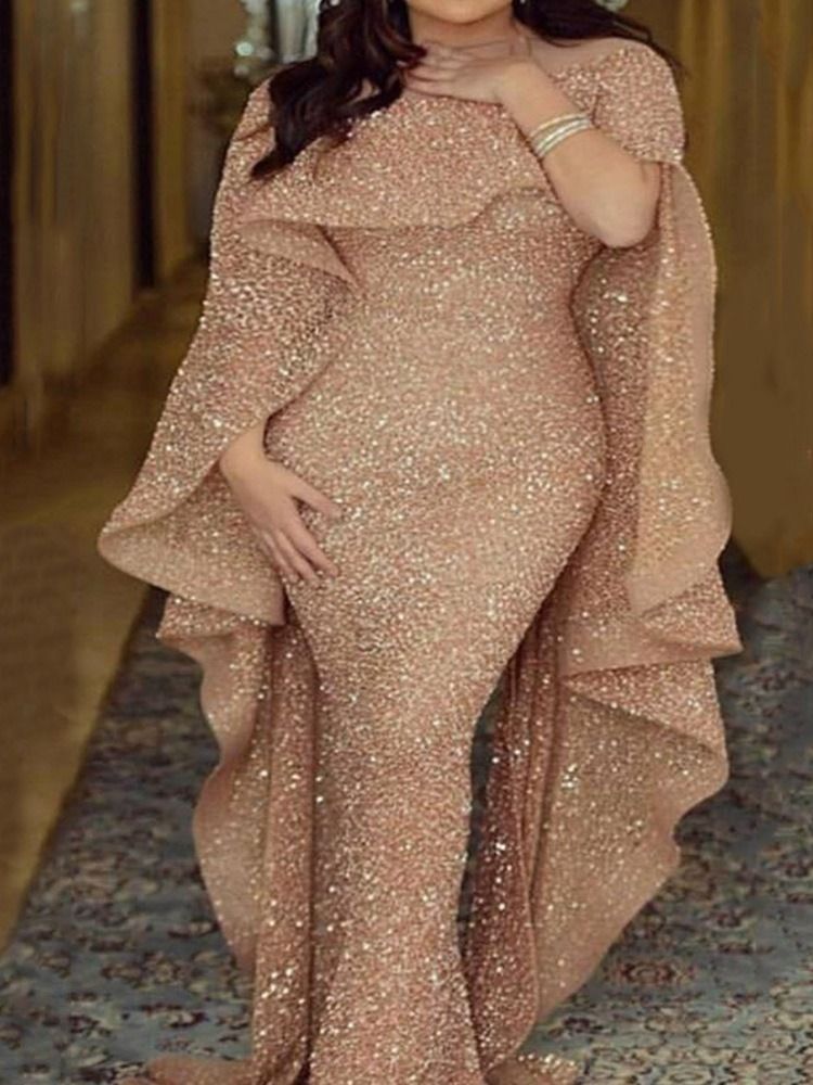 Off Shoulder Lurex Långärmad Vanlig Ladylike Damklänning