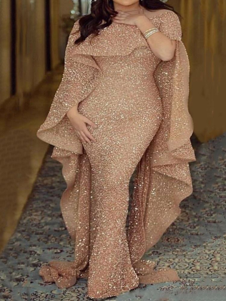 Off Shoulder Lurex Långärmad Vanlig Ladylike Damklänning