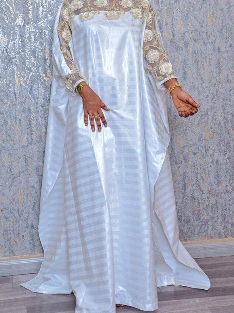 Off Shoulder Mesh Golvlång Randig Höstklänning
