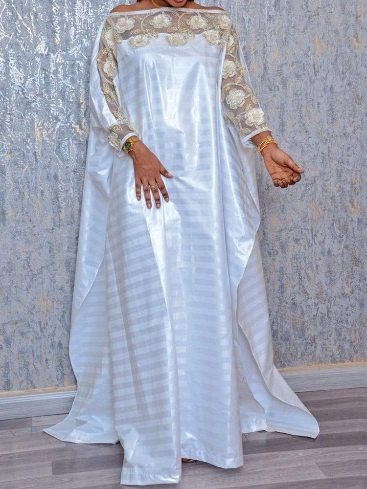 Off Shoulder Mesh Golvlång Randig Höstklänning