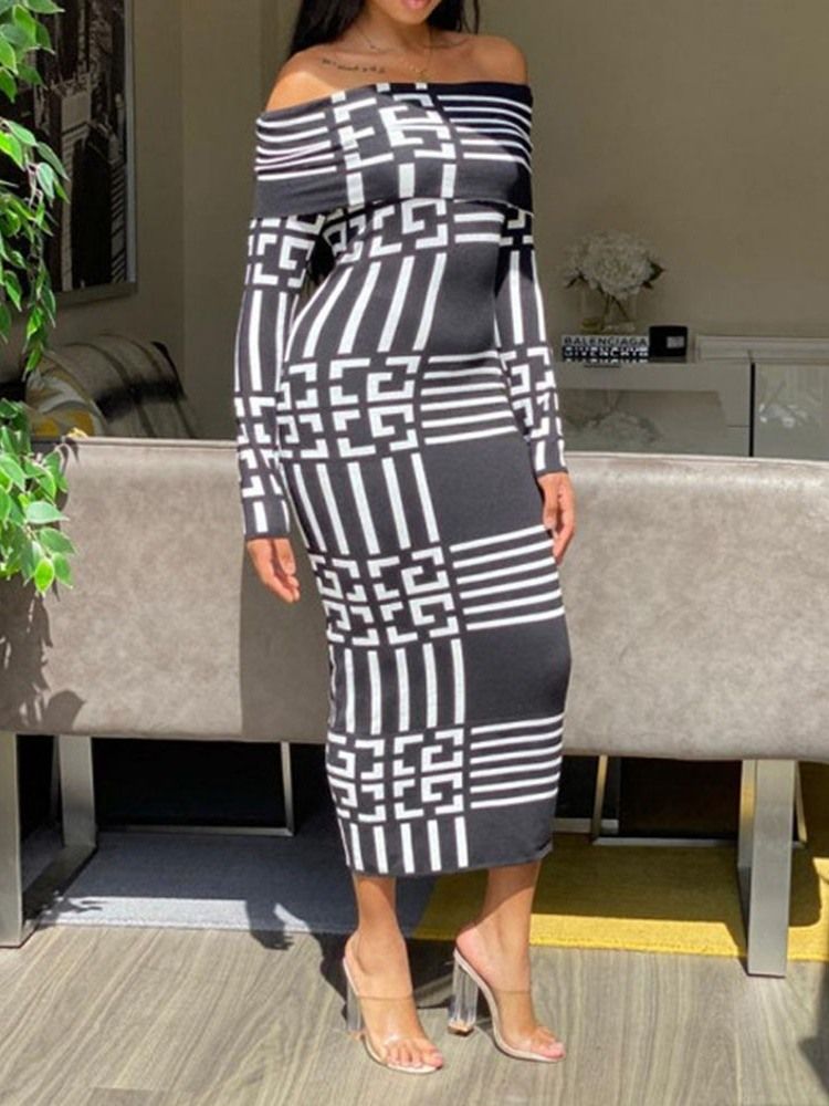 Off Shoulder Mid-Calf Print Pullover Mode Klänning