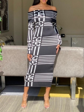 Off Shoulder Mid-Calf Print Pullover Mode Klänning