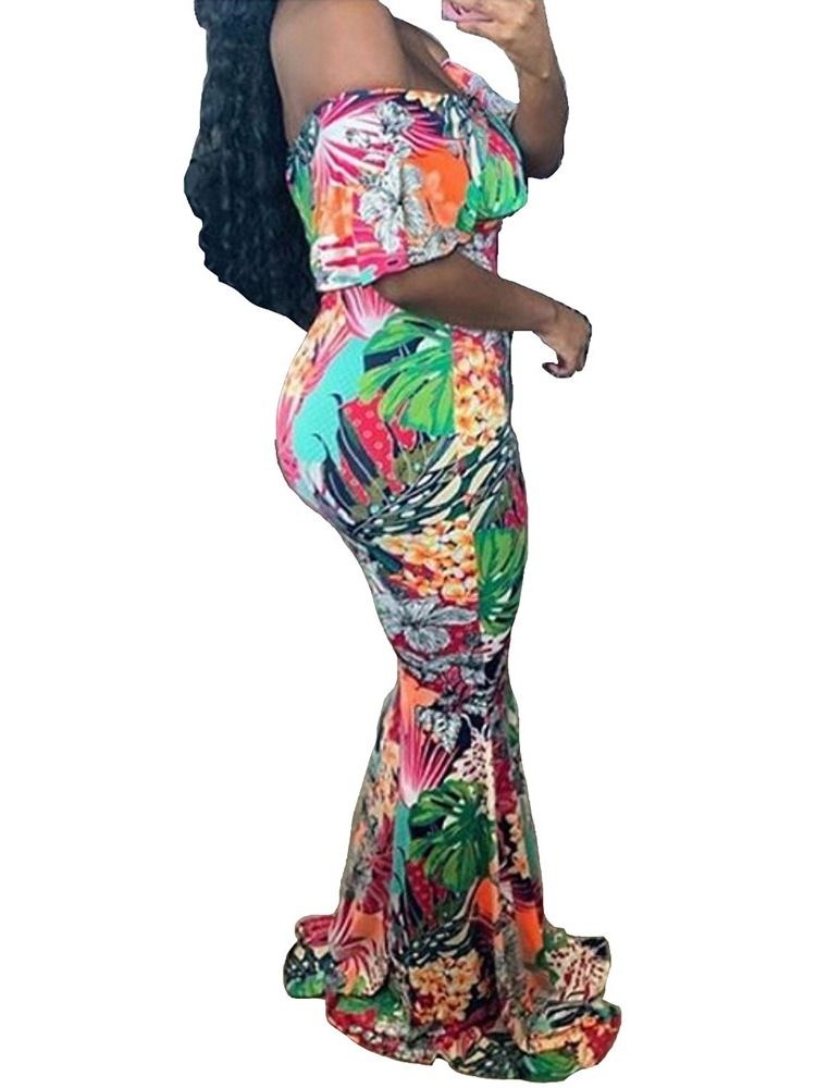 Off Shoulder Print Golvlång Sjöjungfruklänning Med Hög Midja