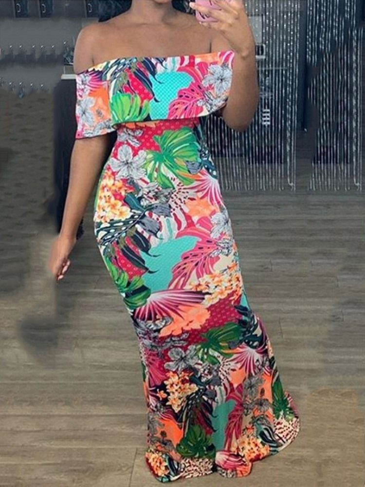 Off Shoulder Print Golvlång Sjöjungfruklänning Med Hög Midja