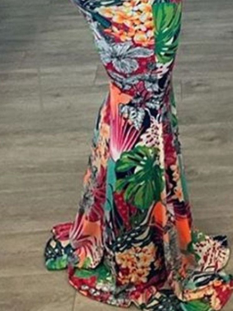 Off Shoulder Print Golvlång Sjöjungfruklänning Med Hög Midja