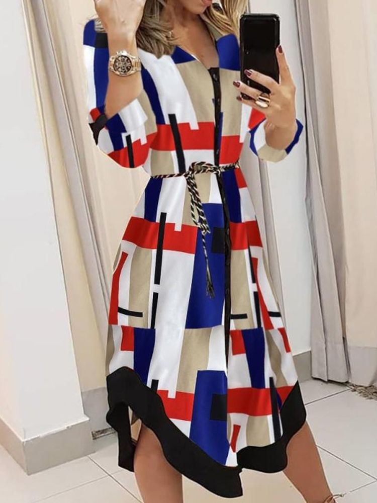 Patchwork Lapel Mid-Calf Fashion Midiklänning