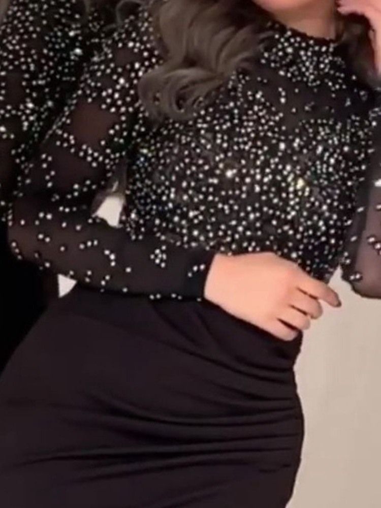 Plisserad Ståkrage Långärmad Fall Mid Waist Damklänning