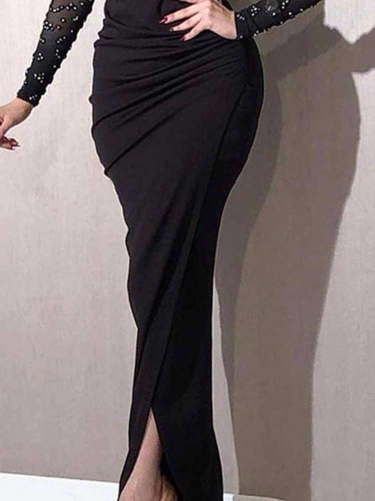 Plisserad Ståkrage Långärmad Fall Mid Waist Damklänning