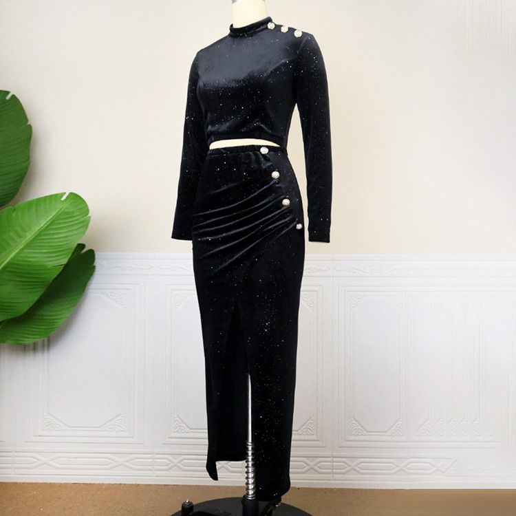 Plus Size Button Stand Krage Ankellång Pullover Bodycon Klänning