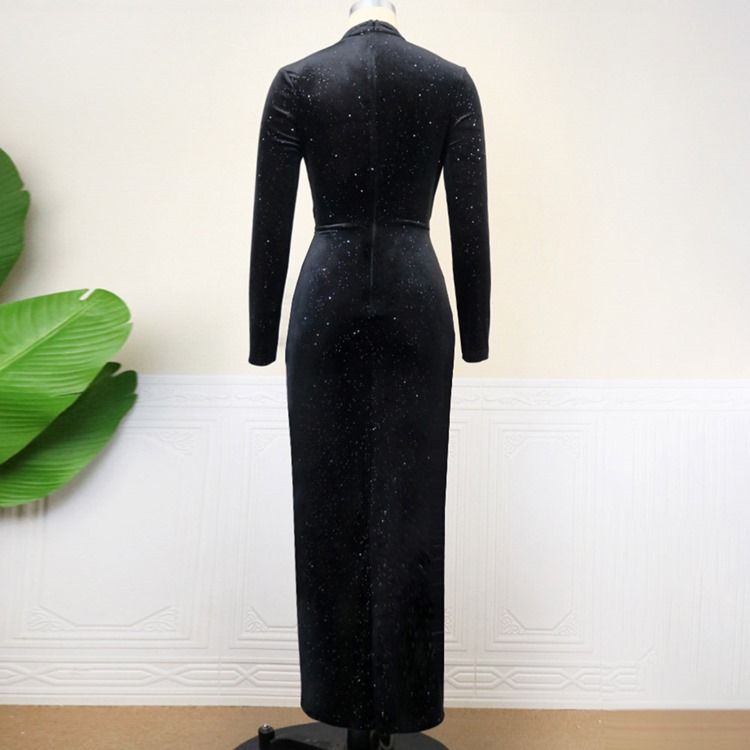 Plus Size Button Stand Krage Ankellång Pullover Bodycon Klänning