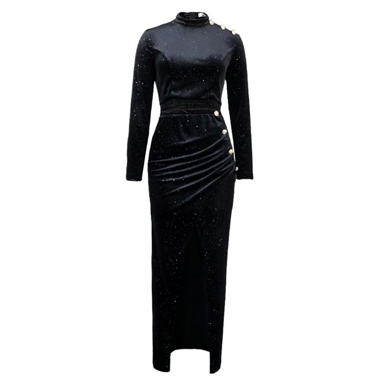 Plus Size Button Stand Krage Ankellång Pullover Bodycon Klänning