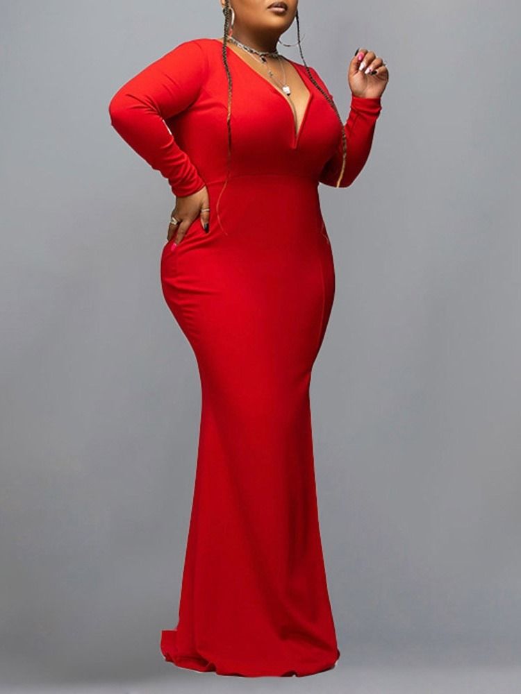 Plus Size Split Långärmad Golvlång Vanlig Hög Midja Plus Size Klänning