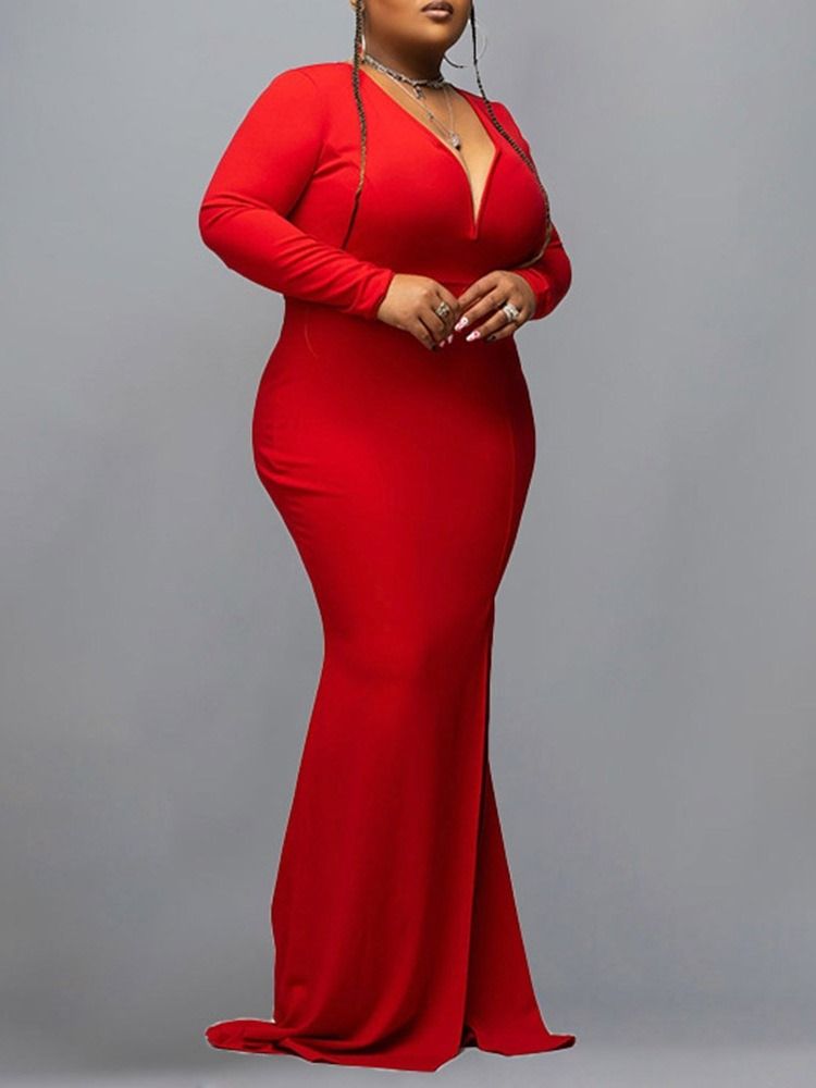 Plus Size Split Långärmad Golvlång Vanlig Hög Midja Plus Size Klänning