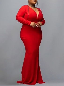 Plus Size Split Långärmad Golvlång Vanlig Hög Midja Plus Size Klänning
