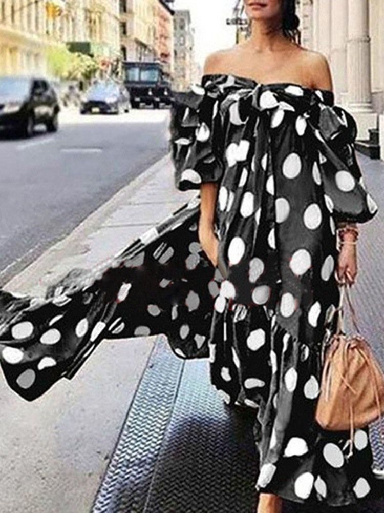 Print Ankellång Off Shoulder Sommar Polka Dots Klänning