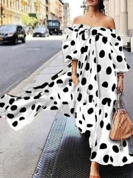 Print Ankellång Off Shoulder Sommar Polka Dots Klänning