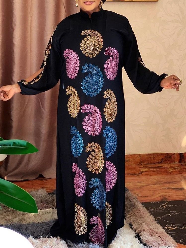 Rhinestone Golvlång Stativ Krage Pullover Hög Midja Klänning
