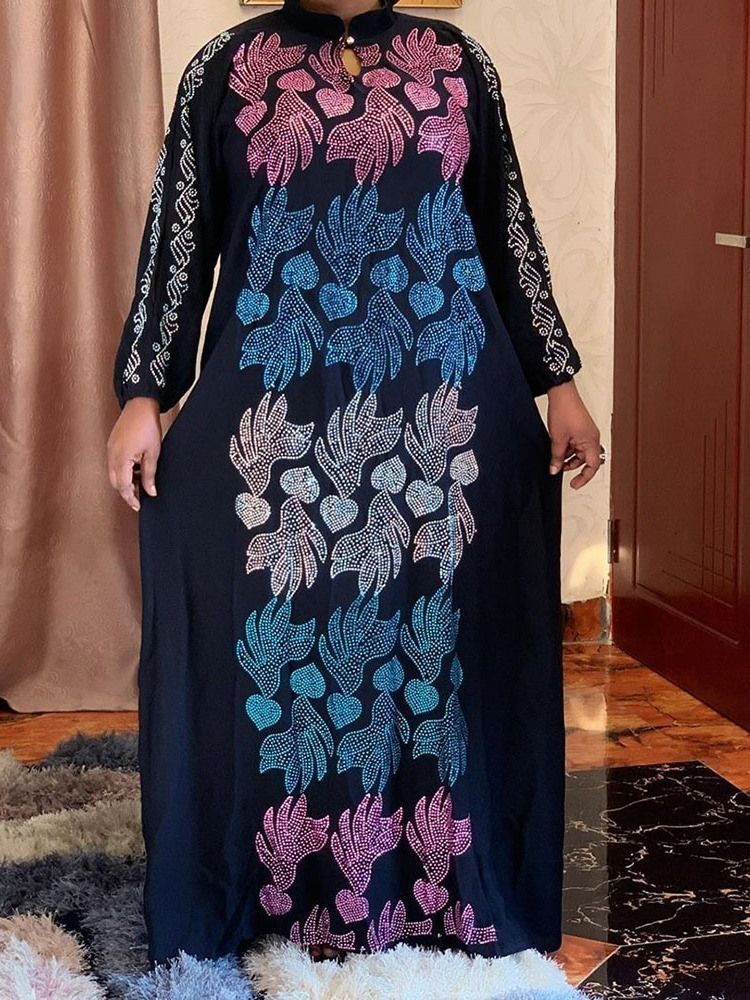 Rhinestone Golvlång Stativ Krage Pullover Hög Midja Klänning