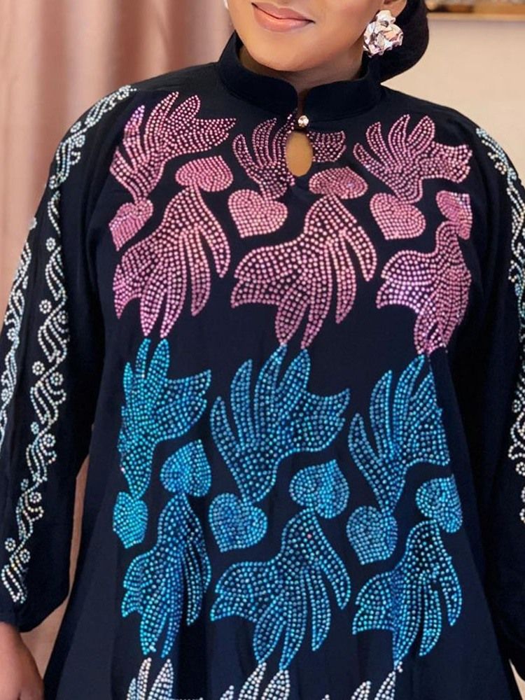 Rhinestone Golvlång Stativ Krage Pullover Hög Midja Klänning