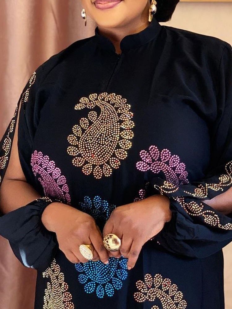 Rhinestone Golvlång Stativ Krage Pullover Hög Midja Klänning