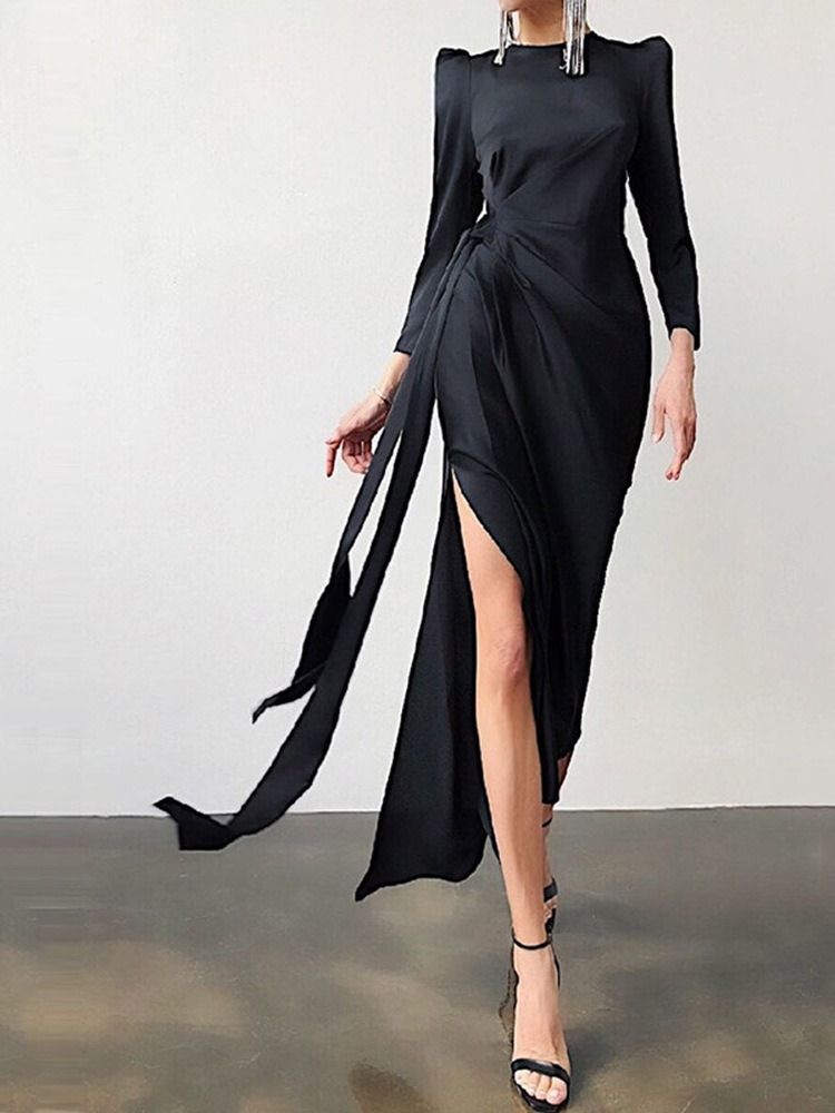 Rund Hals Golvlång Split Spring Bodycon Klänning