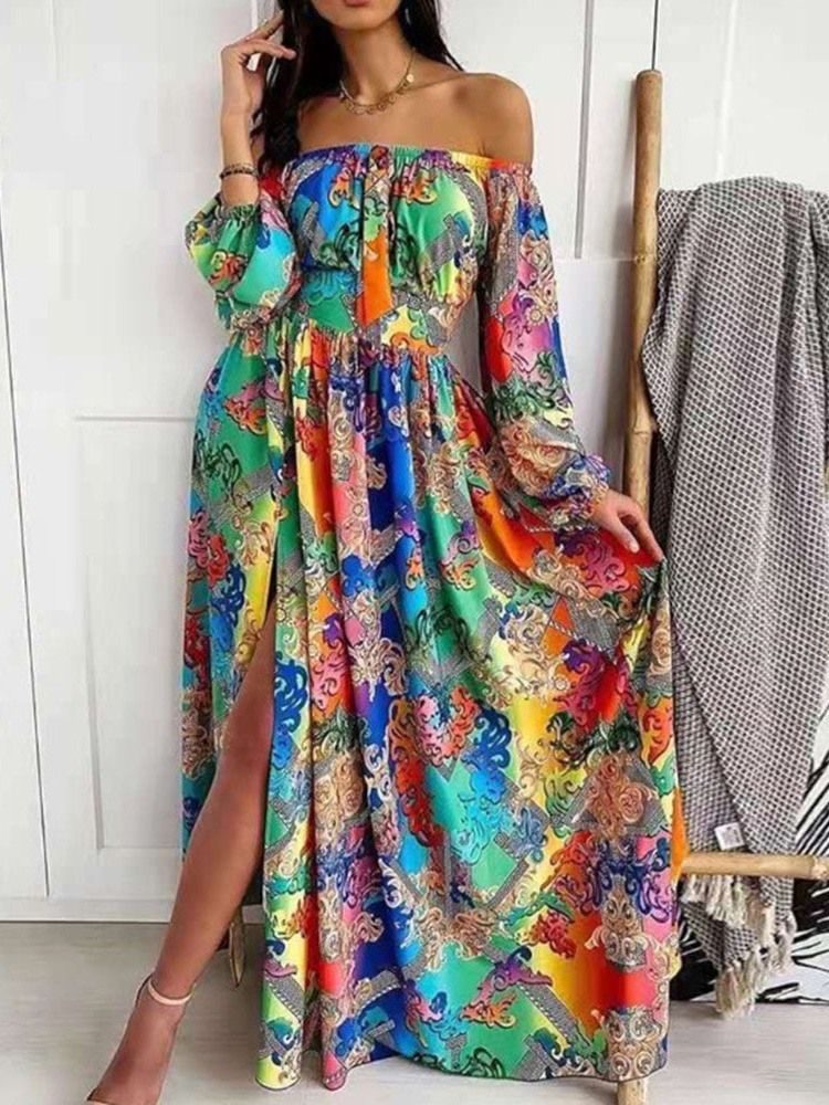 Split Off Shoulder Långärmad Spring Expansion Damklänning