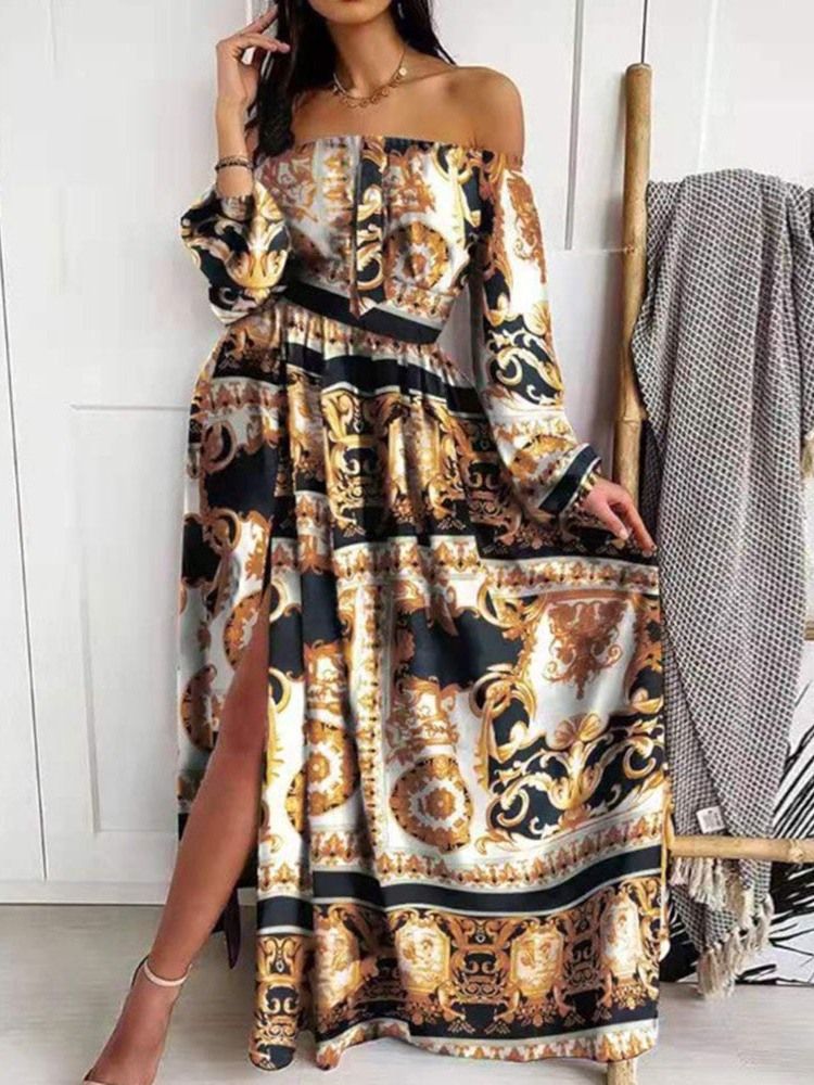 Split Off Shoulder Långärmad Spring Expansion Damklänning