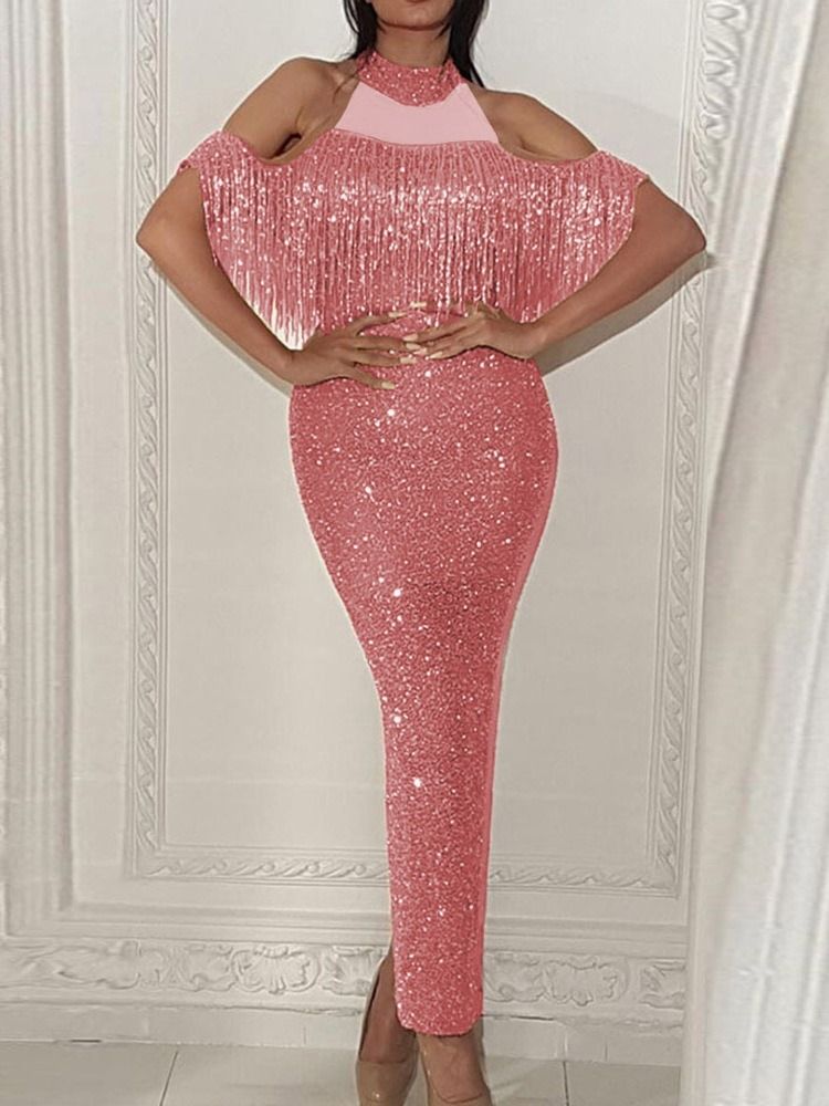 Ståkrage Kortärmad Paljetter Höst Bodycon Klänning För Kvinnor