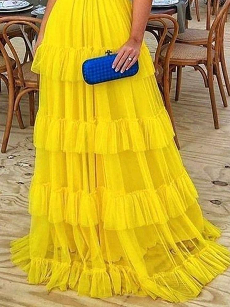 Stringy Selvedge Golvlång Halvärm Layered Klänning High Waist Maxi Klänning