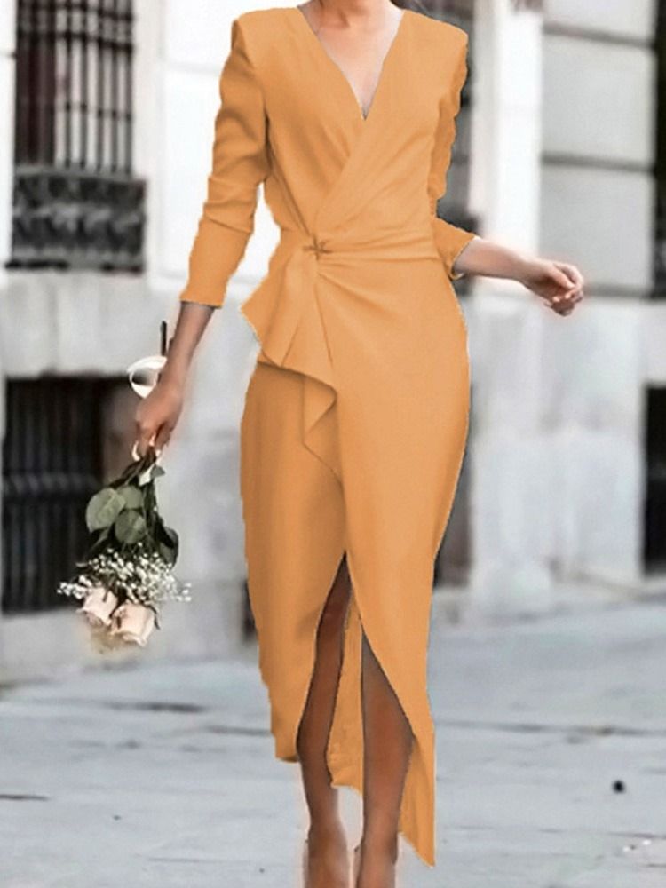 Tre Fjärdedels Ärm Veckad Mid-Calf Bodycon Vanlig Klänning
