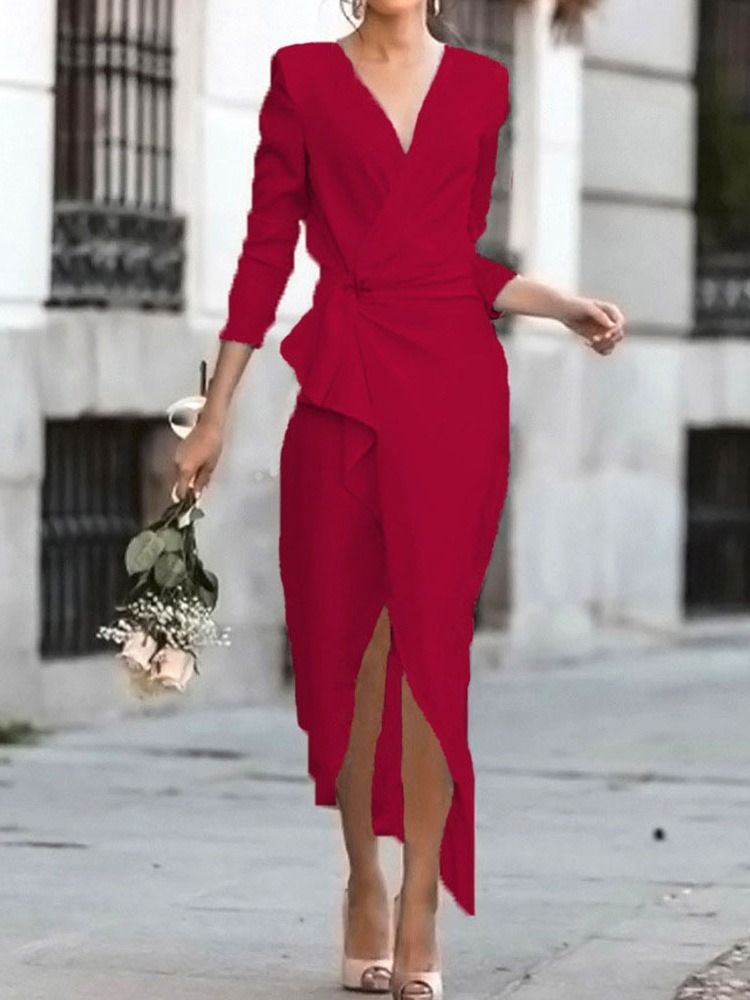 Tre Fjärdedels Ärm Veckad Mid-Calf Bodycon Vanlig Klänning