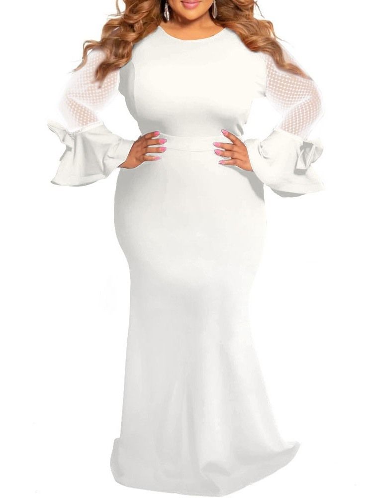 Vit Klänning Bowknot Långärmad Golvlång Bodycon Flare Sleeve Klänning