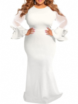 Vit Klänning Bowknot Långärmad Golvlång Bodycon Flare Sleeve Klänning