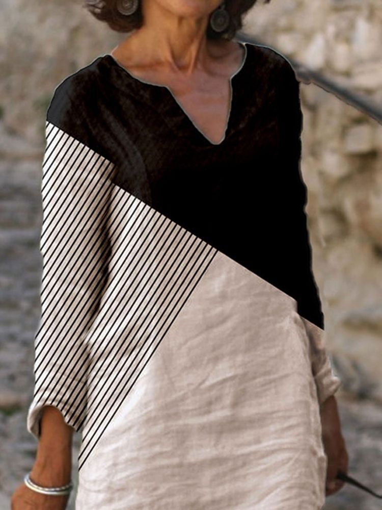 Above Knee V-Neck Patchwork A-Line Fashion Klänning