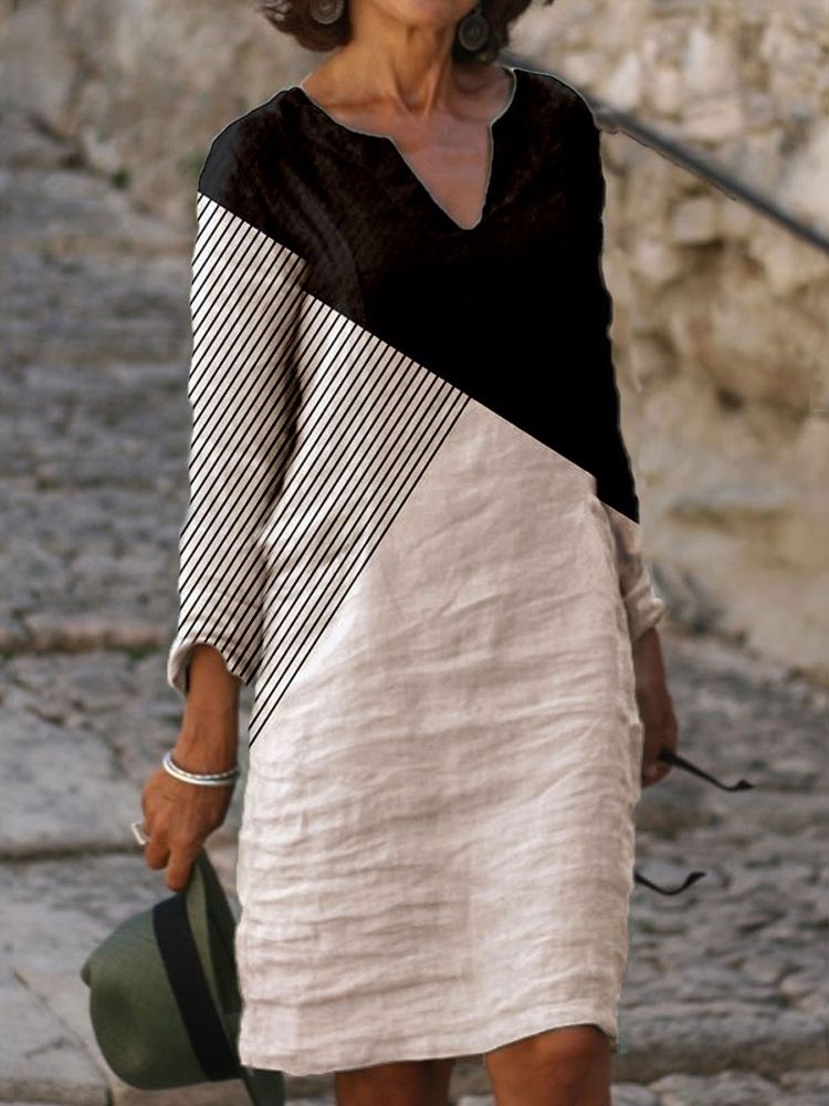 Above Knee V-Neck Patchwork A-Line Fashion Klänning