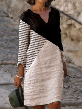 Above Knee V-Neck Patchwork A-Line Fashion Klänning