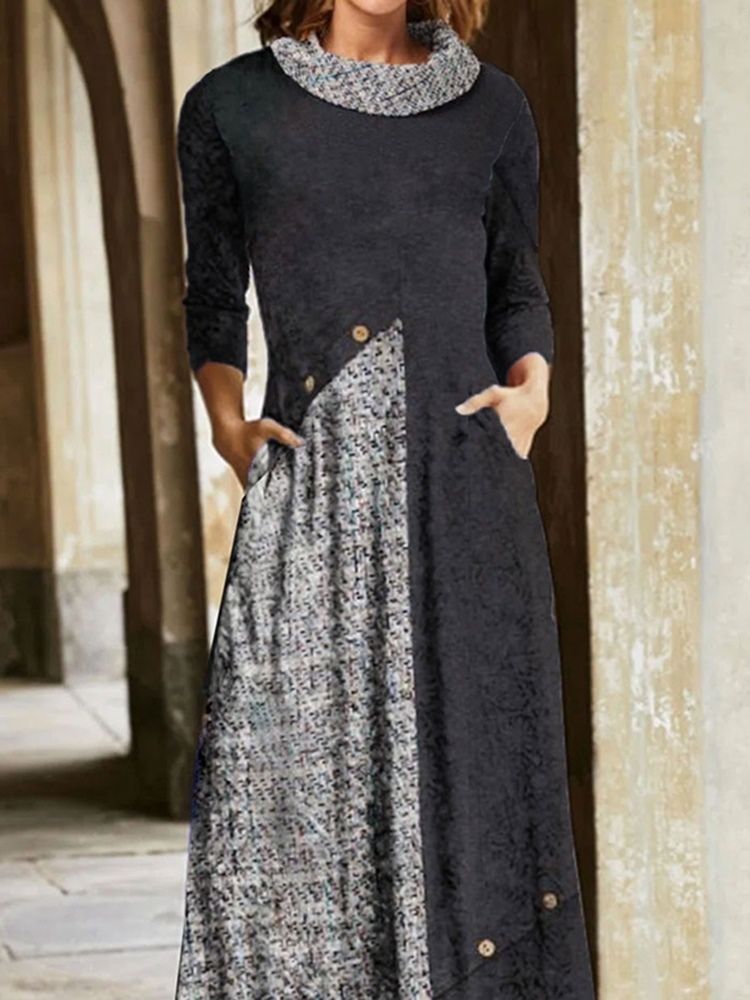 Ankellång Asymmetrisk Niopunktsärm Color Block Fashion Klänning