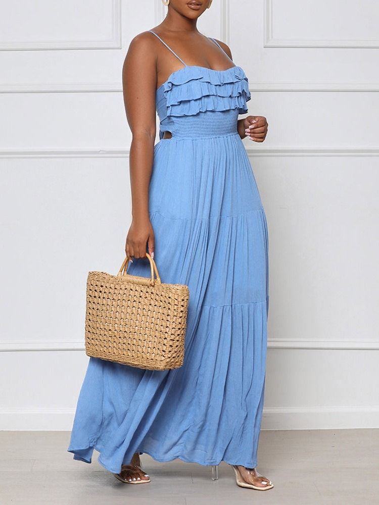 Ankellång Stringy Selvedge Ärmlös Spaghetti Strap Sommar Maxi Klänning