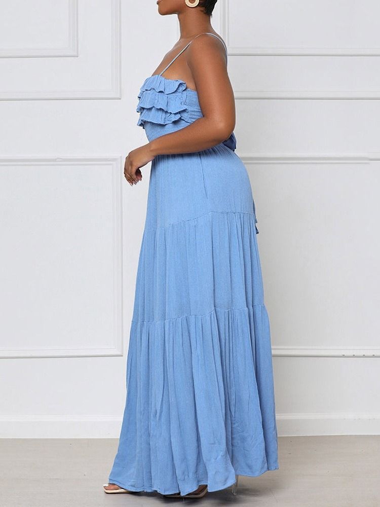 Ankellång Stringy Selvedge Ärmlös Spaghetti Strap Sommar Maxi Klänning