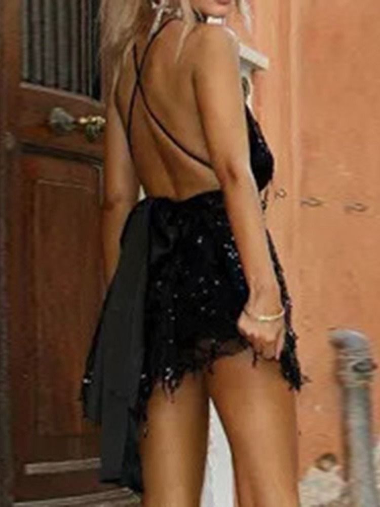 Backless Above Knee V-Neck A-Line Damklänning