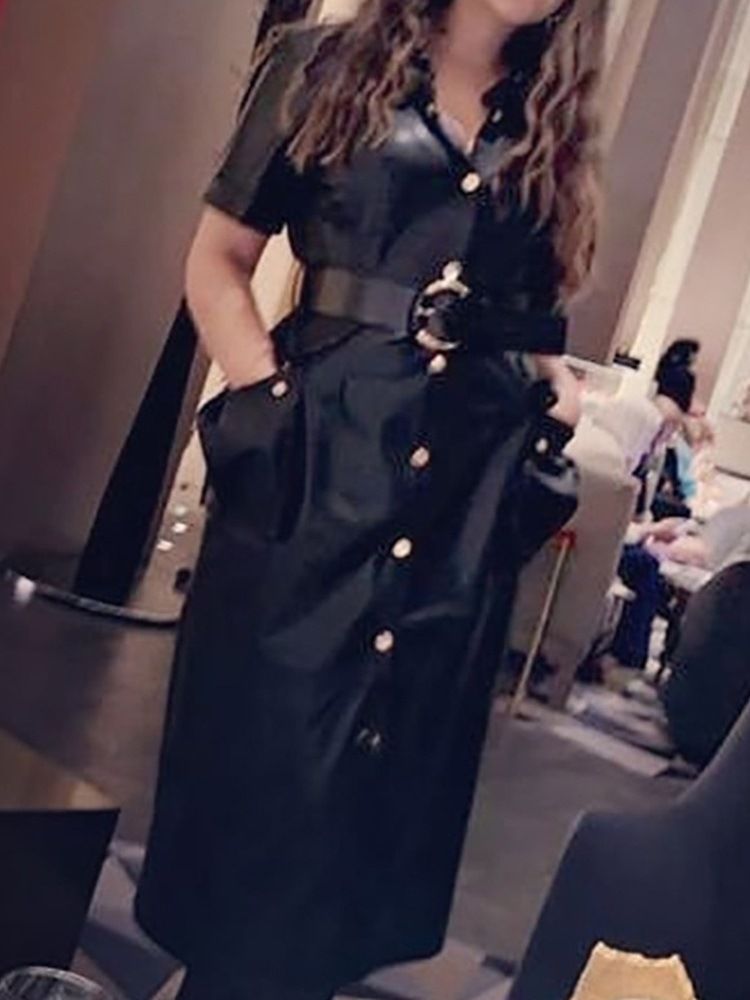 Bälte Lapel Mid-Calf Sommar Mid Waist Bodycon Klänning